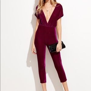 NWOT PLUNGE NECK VELVET MAGENTA JUMPSUIT ROMPER